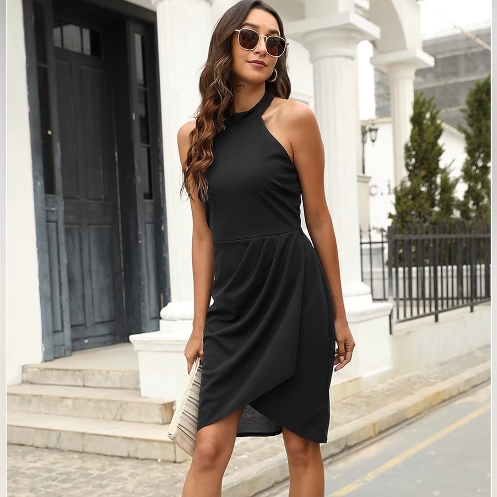 Manydress Womens Halter Neck Ruched Dresses Cocktail Bodycon Slim Wrap Dress!